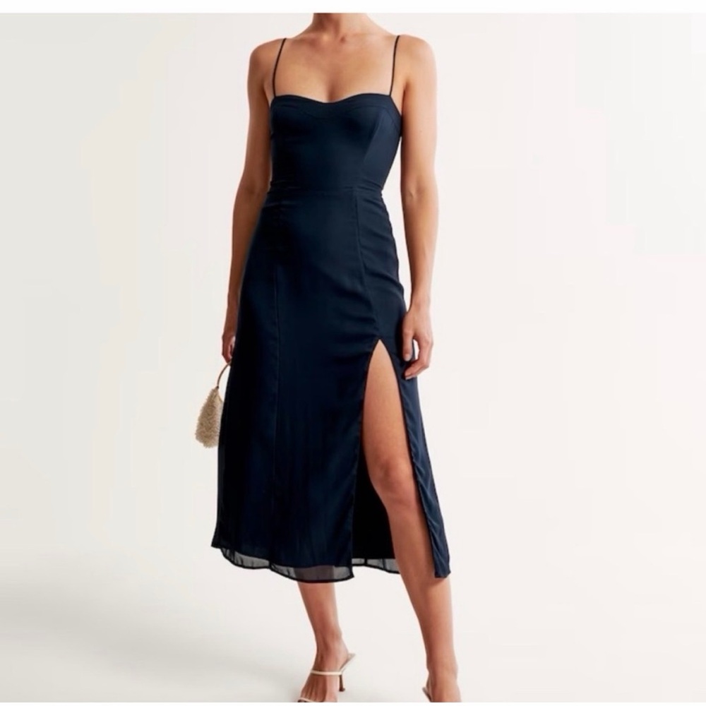 Abercrombie Camille Spaghetti Strap Midi Dress with Thigh Slit - Navy
